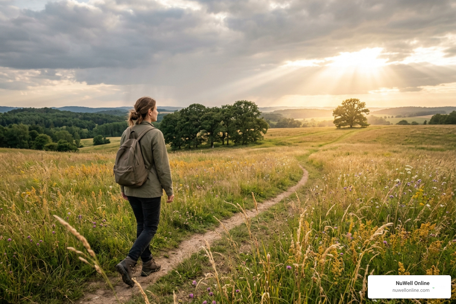 Person walking in hope toward a sunlit path representing spiritual wholeness