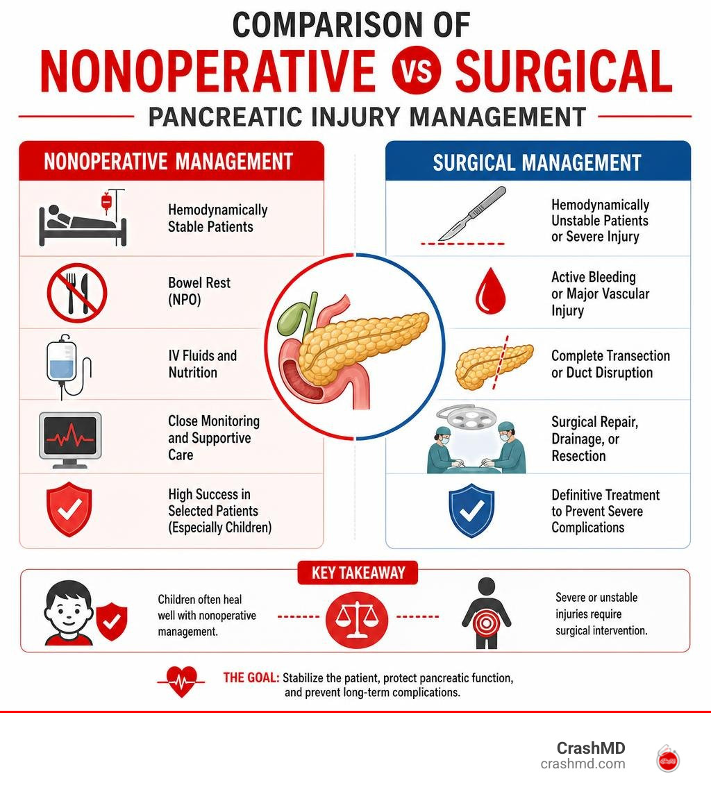 Comparison of Nonoperative vs Surgical Pancreatic Injury Management infographic Comparison of Nonoperative vs Surgical Pancreatic Injury Management infographic