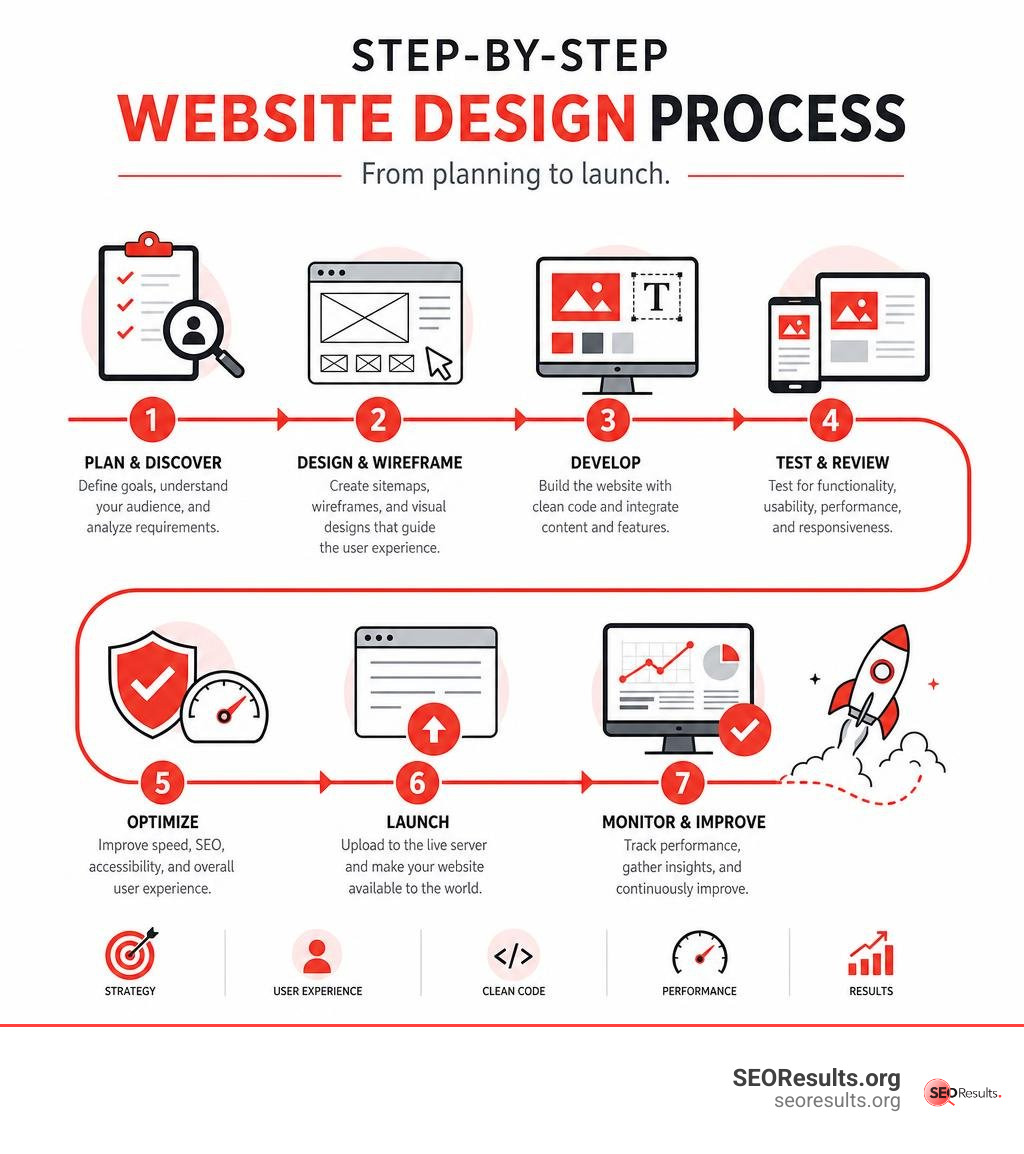 Step-by-step website design process from planning to launch infographic infographic
