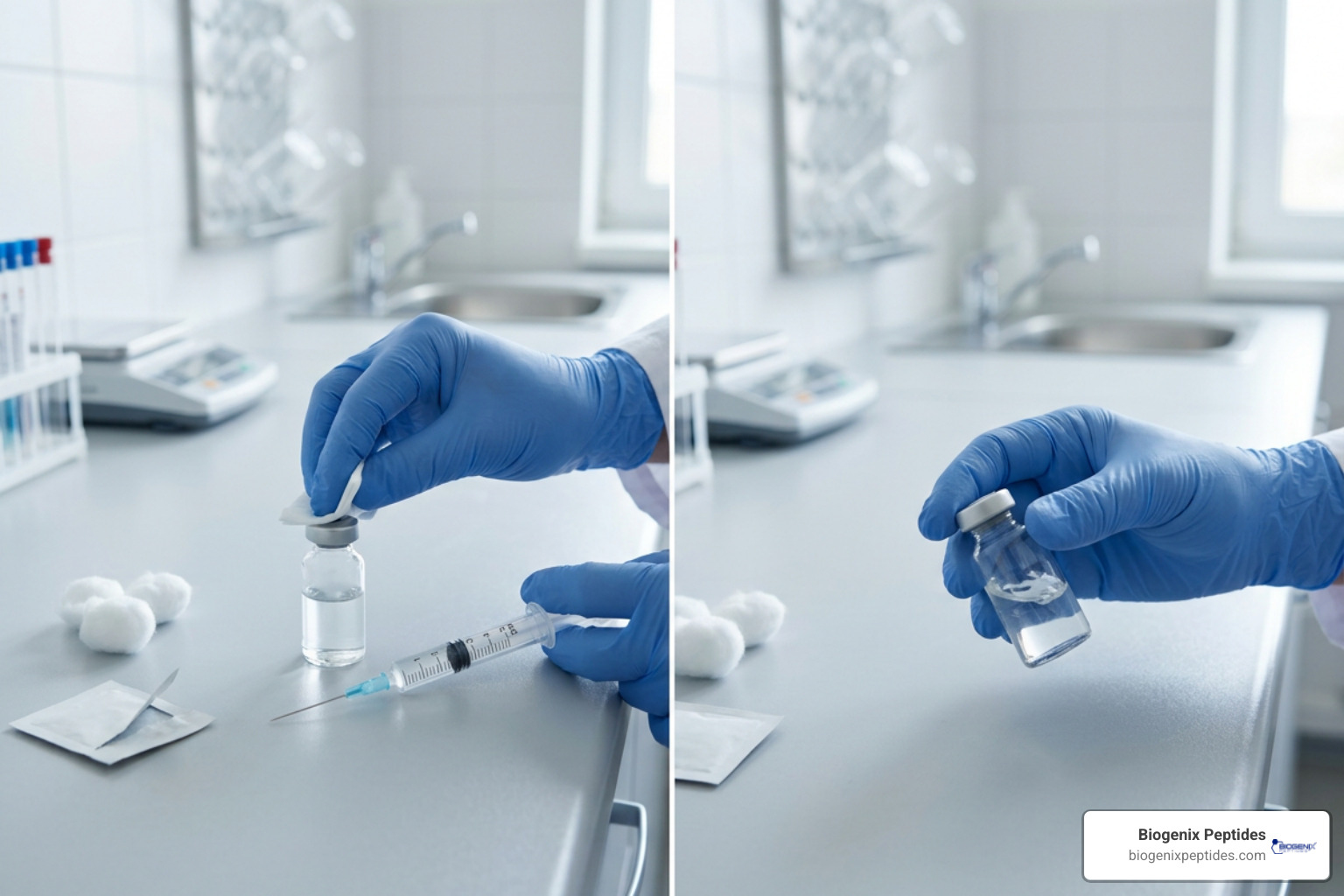 Step-by-step peptide reconstitution procedure showing alcohol swab wiping, diluent transfer, and gentle swirling Step-by-step peptide reconstitution procedure showing alcohol swab wiping, diluent transfer, and gentle swirling