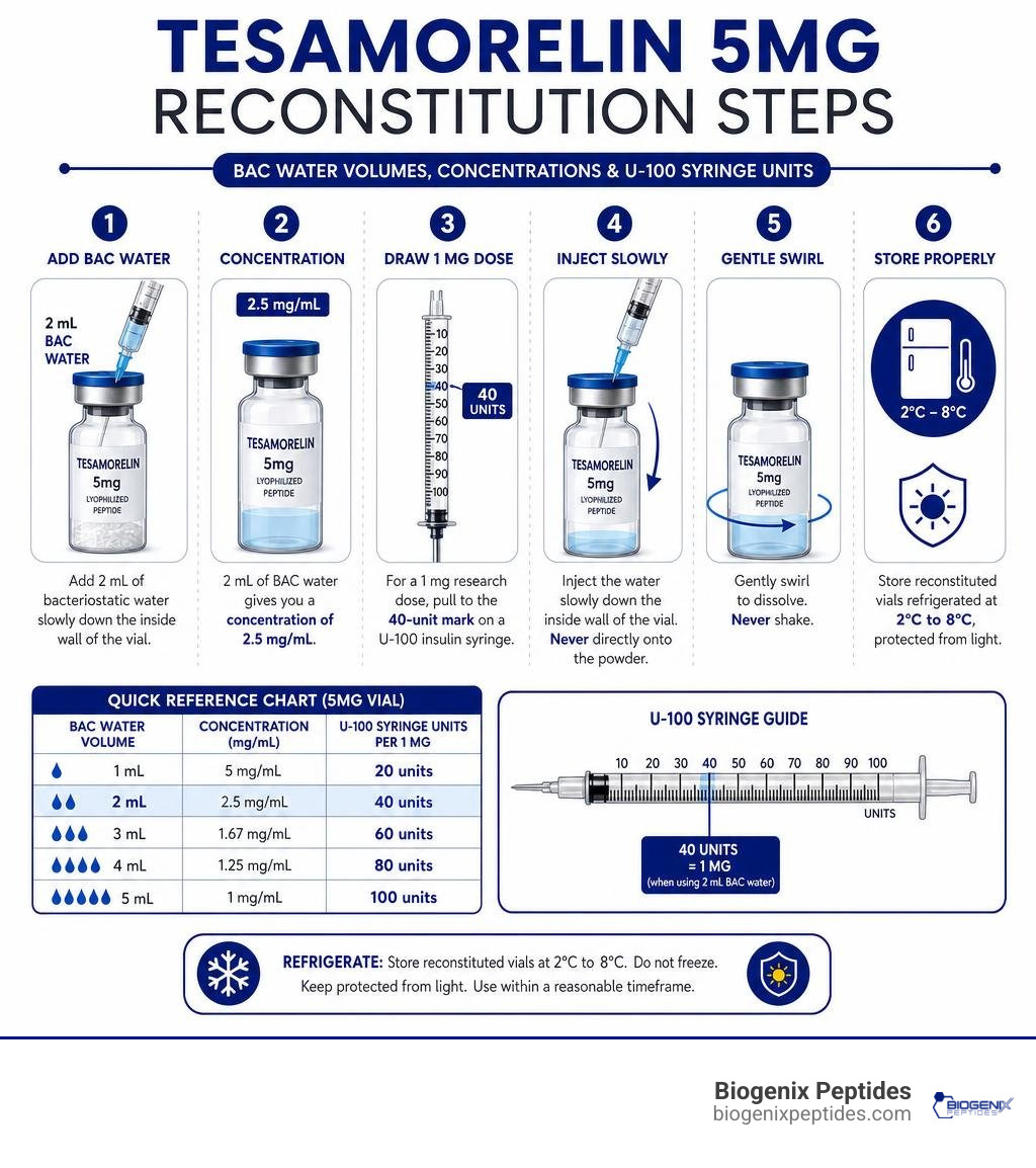 Tesamorelin 5mg reconstitution steps: BAC water volumes, concentrations, and U-100 syringe units infographic Tesamorelin 5mg reconstitution steps: BAC water volumes, concentrations, and U-100 syringe units infographic