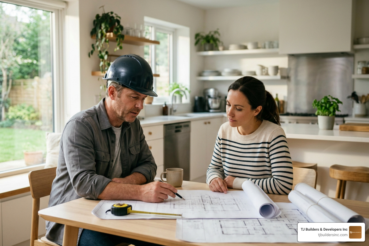 contractor reviewing architectural remodeling plans with homeowner contractor reviewing architectural remodeling plans with homeowner