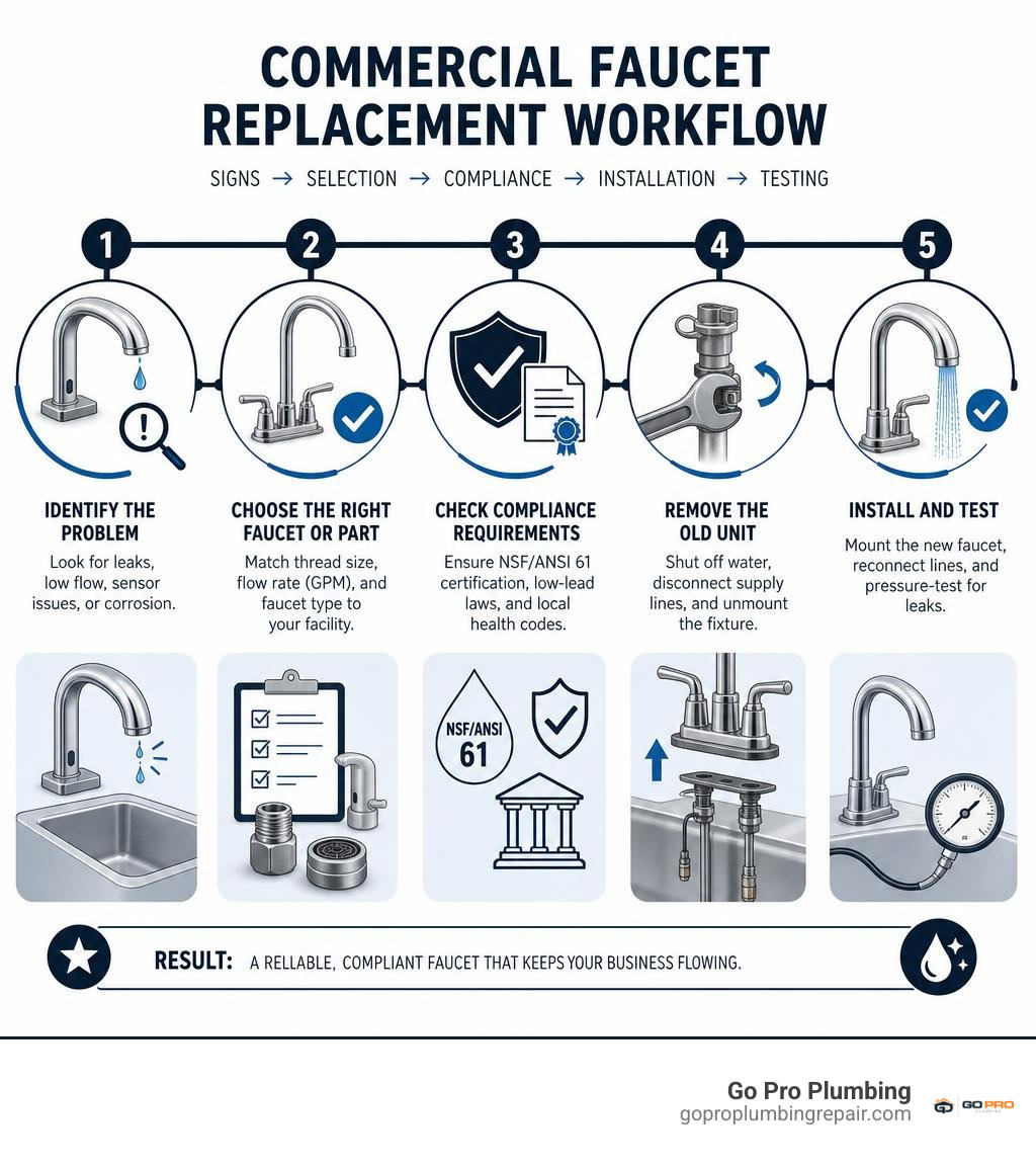 Commercial faucet replacement workflow: signs, selection, compliance, installation, and testing steps infographic Commercial faucet replacement workflow: signs, selection, compliance, installation, and testing steps infographic