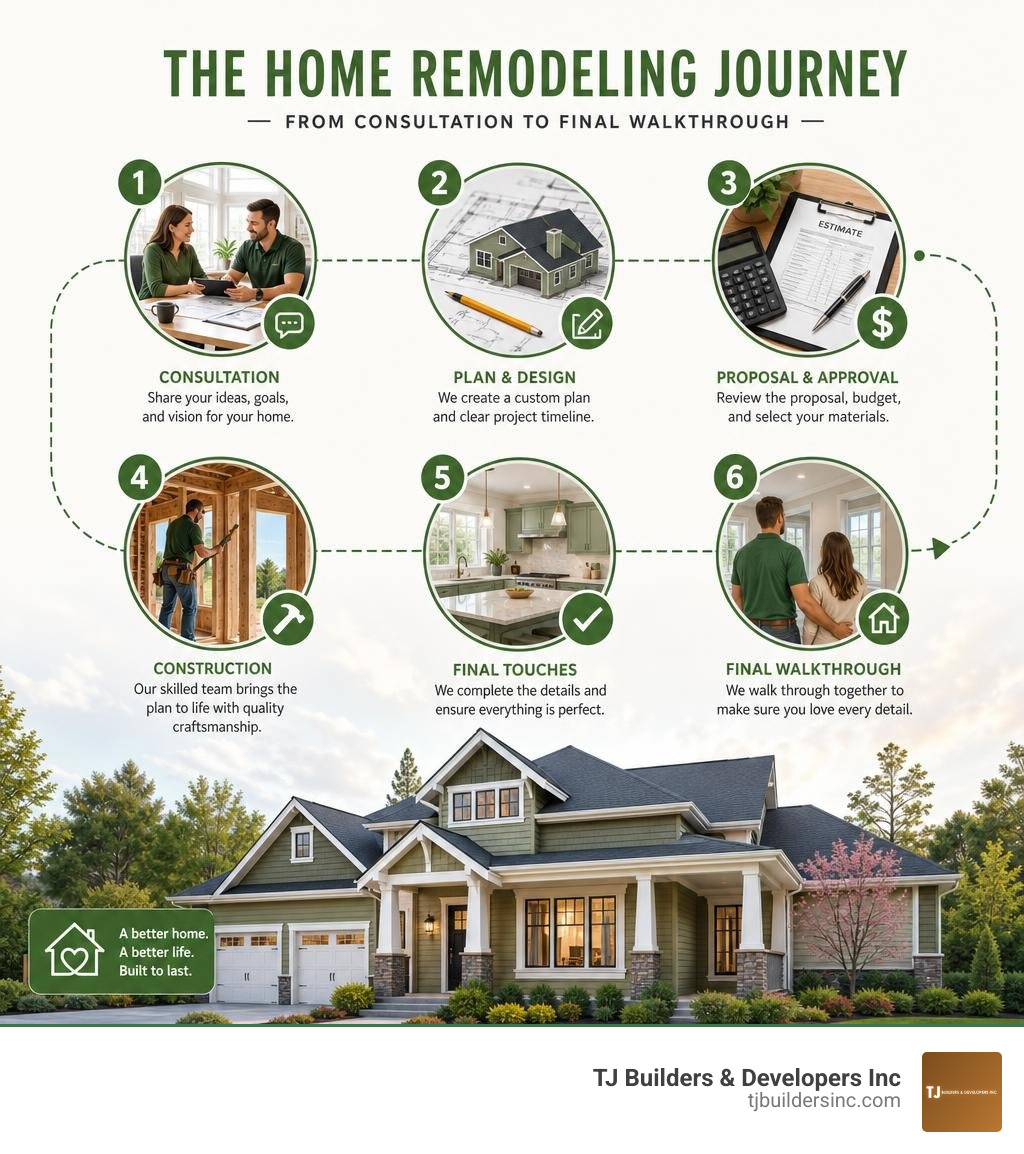 Step-by-step home remodeling journey from consultation to final walkthrough infographic Step-by-step home remodeling journey from consultation to final walkthrough infographic