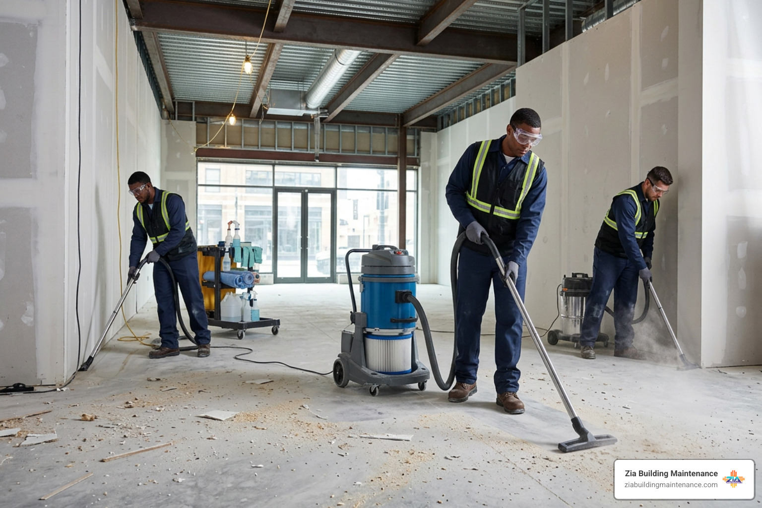 Professional commercial cleaning crew operating industrial HEPA vacuum equipment Professional commercial cleaning crew operating industrial HEPA vacuum equipment
