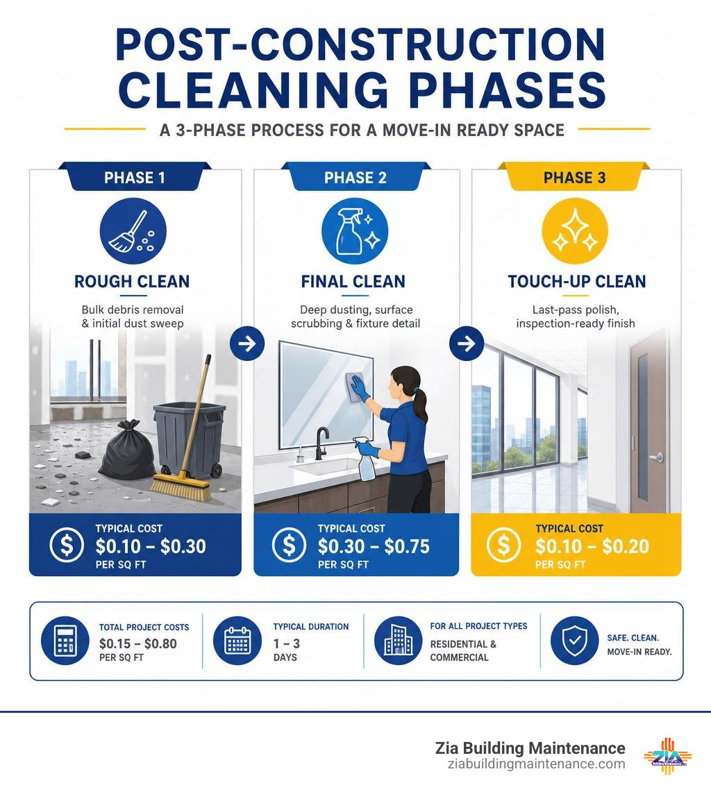 Post-construction cleaning phases infographic showing rough clean, final clean, and touch-up clean with costs and scope Post-construction cleaning phases infographic showing rough clean, final clean, and touch-up clean with costs and scope
