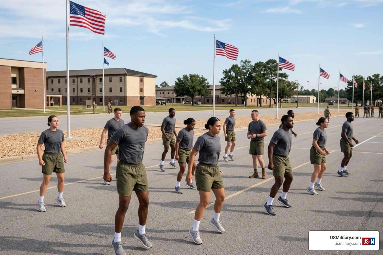American recruits training outdoors during physical conditioning program American recruits training outdoors during physical conditioning program