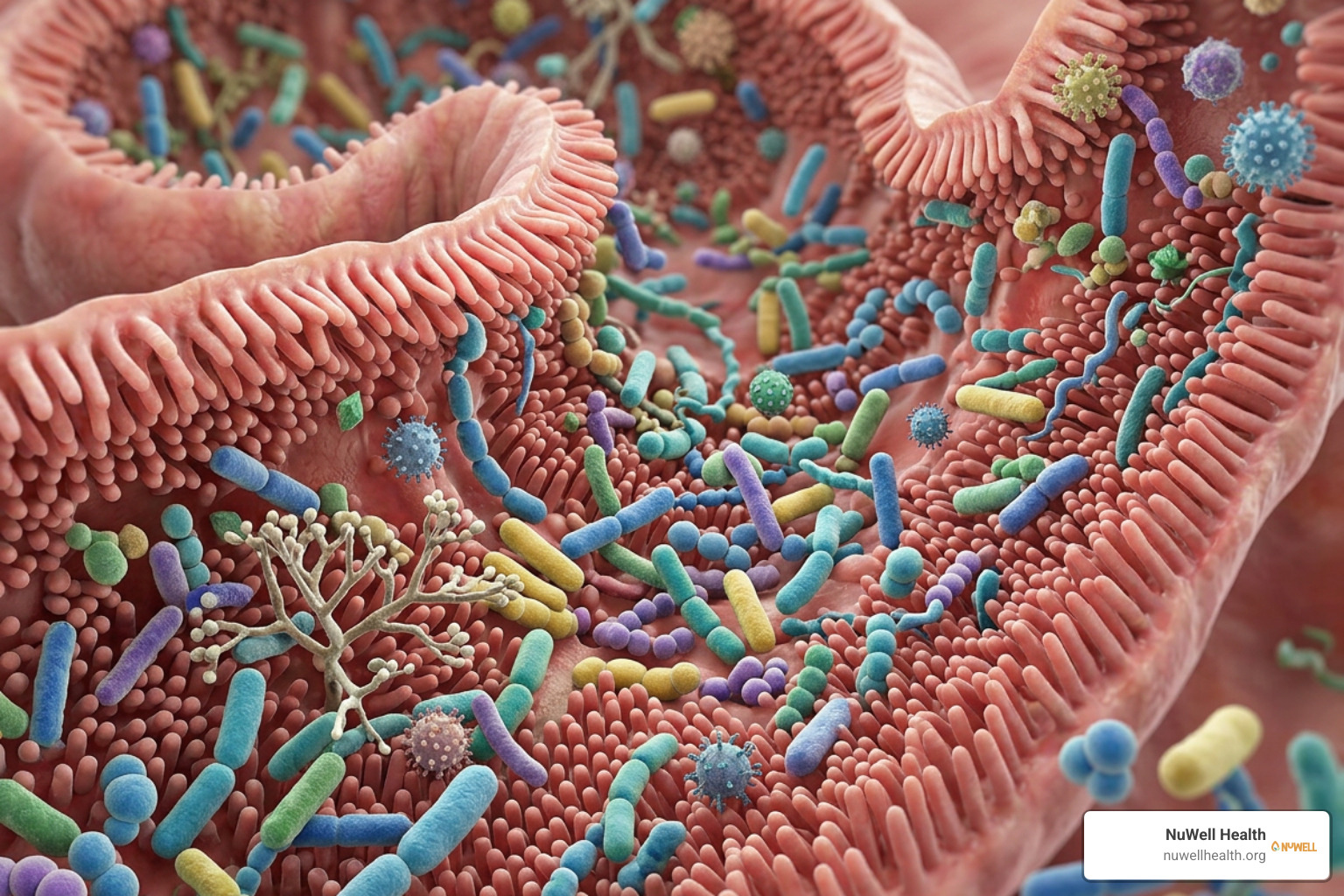 Illustration depicting the complex balance of the human gut microbiome