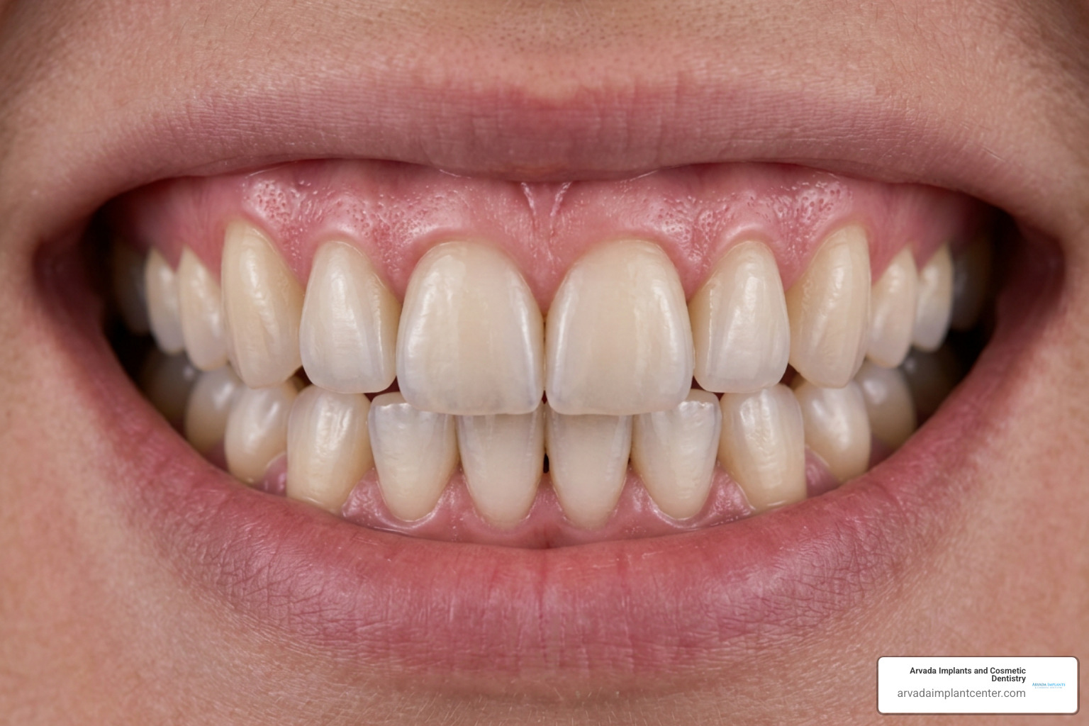 Healthy gum tissue surrounding well-fitted ceramic crowns and porcelain veneers