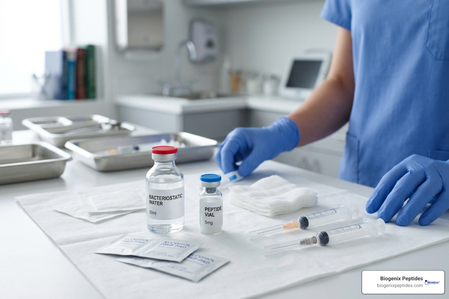 Reconstitution kit showing bacteriostatic water, alcohol pads, and peptide vial Reconstitution kit showing bacteriostatic water, alcohol pads, and peptide vial