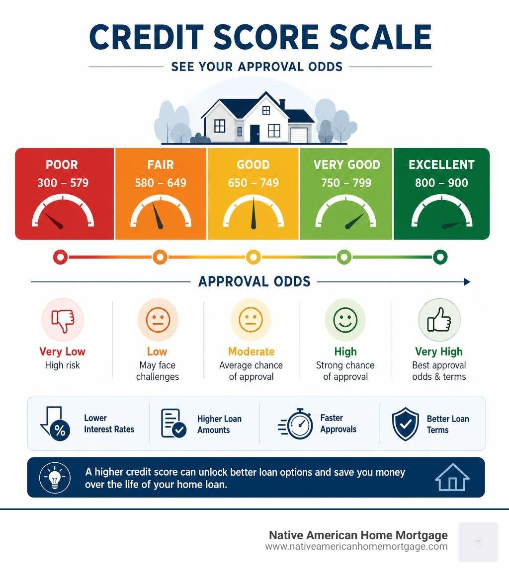 Credit score scale showing approval odds from poor to excellent infographic