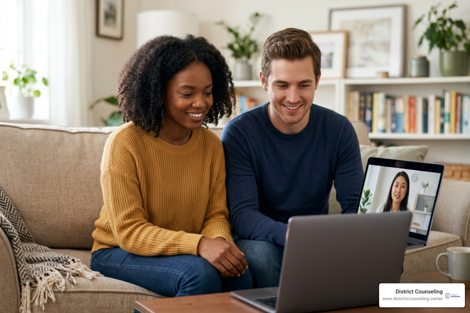 couple engaging in a telehealth counseling session on laptop couple engaging in a telehealth counseling session on laptop