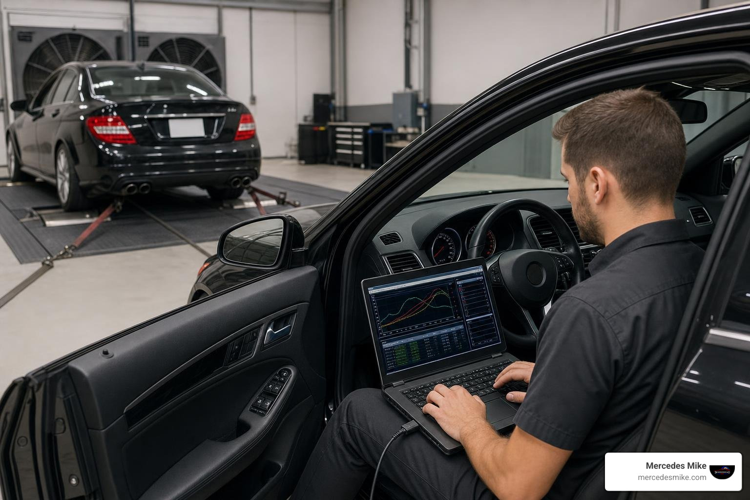 Technician monitoring dyno calibration telemetry on laptop next to vehicle