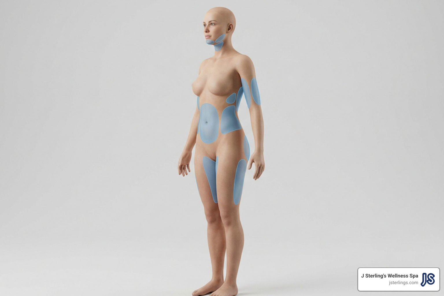 Anatomy diagram illustrating the 9 FDA-cleared CoolSculpting treatment zones including submental, submandibular, abdomen Anatomy diagram illustrating the 9 FDA-cleared CoolSculpting treatment zones including submental, submandibular, abdomen