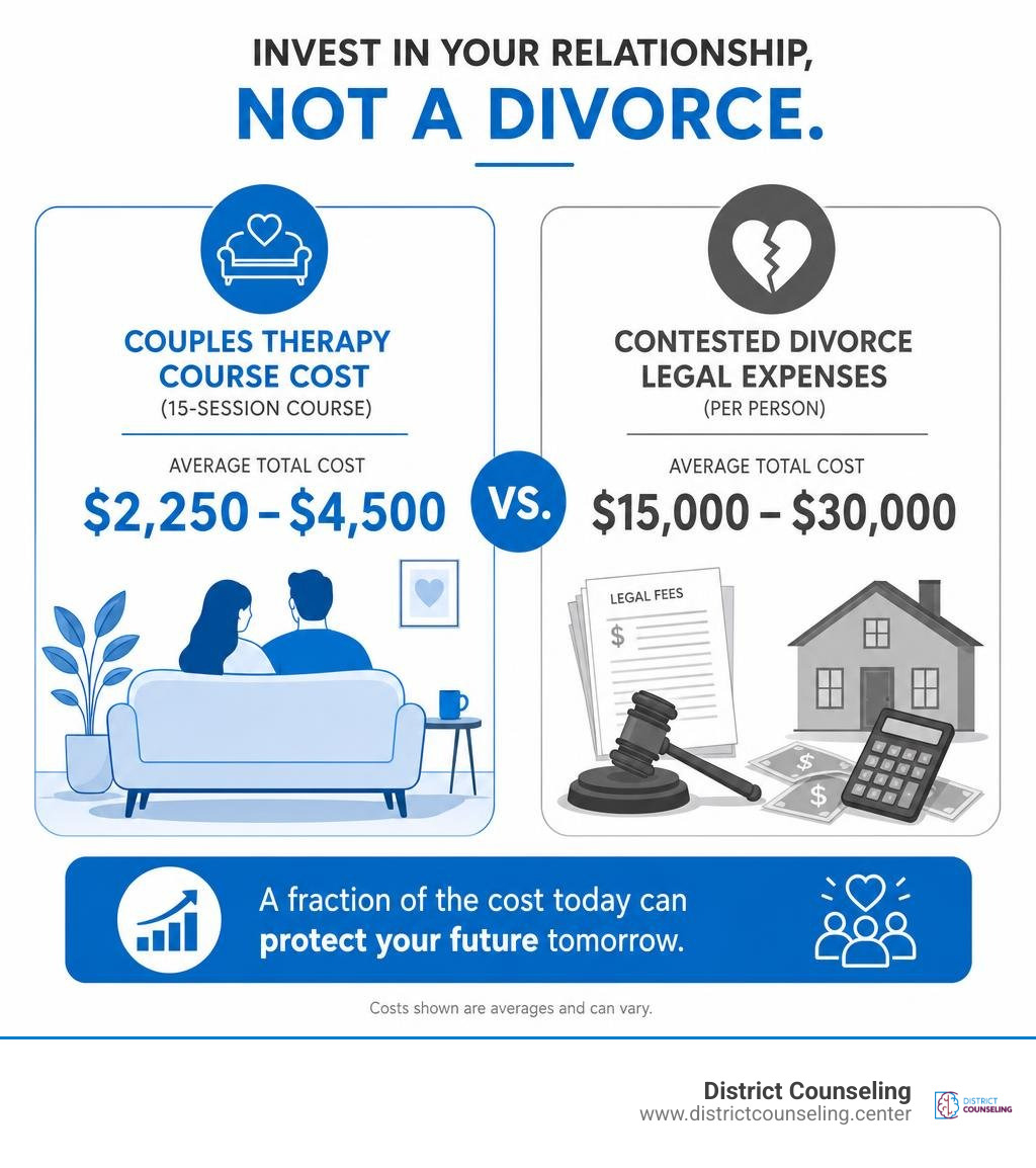 Infographic comparing average total couples therapy course costs against contested divorce legal expenses infographic Infographic comparing average total couples therapy course costs against contested divorce legal expenses infographic