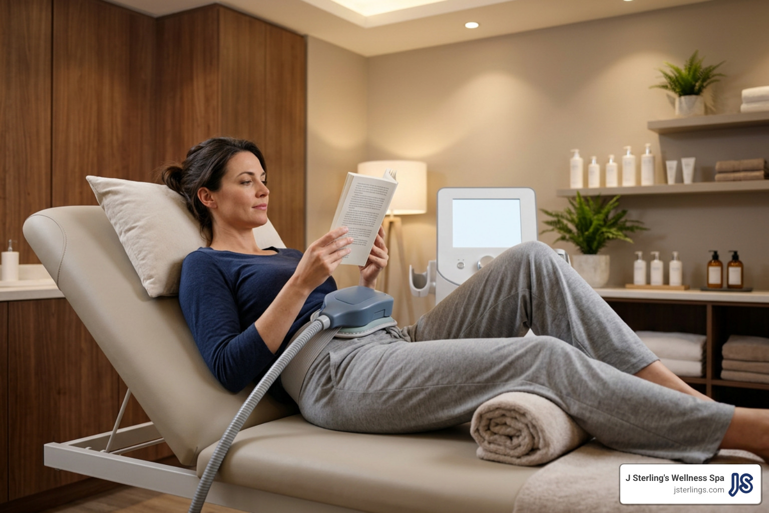 A patient comfortably relaxing on a treatment table reading a book while undergoing a non-invasive CoolSculpting session A patient comfortably relaxing on a treatment table reading a book while undergoing a non-invasive CoolSculpting session