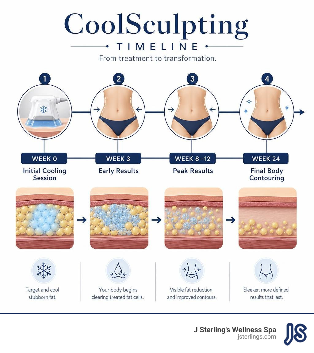 Infographic showing the CoolSculpting timeline: initial cooling session at week 0, early results at week 3, peak results at Infographic showing the CoolSculpting timeline: initial cooling session at week 0, early results at week 3, peak results at