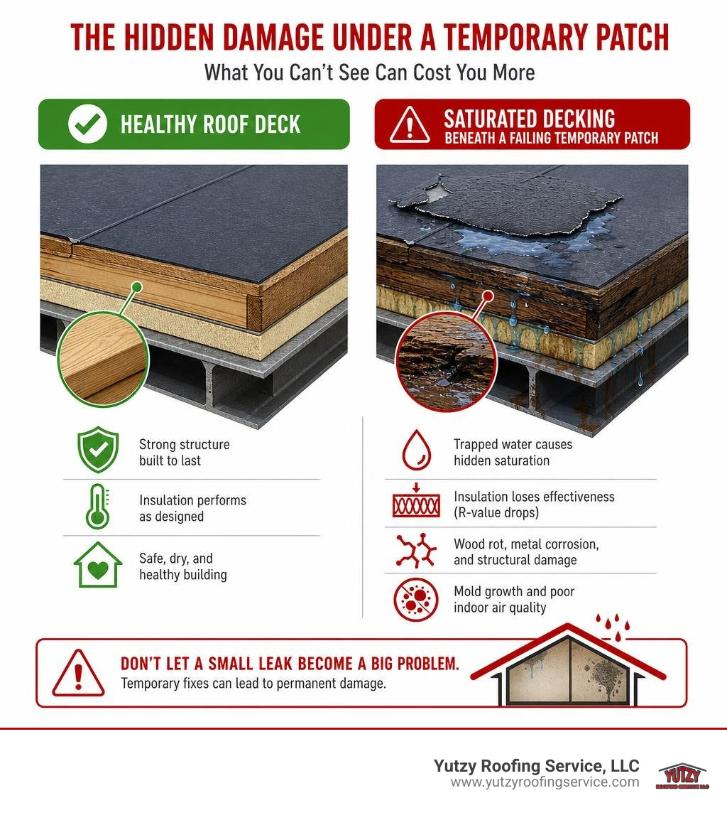 Comparison of healthy roof deck versus saturated decking beneath a failing temporary patch infographic Comparison of healthy roof deck versus saturated decking beneath a failing temporary patch infographic