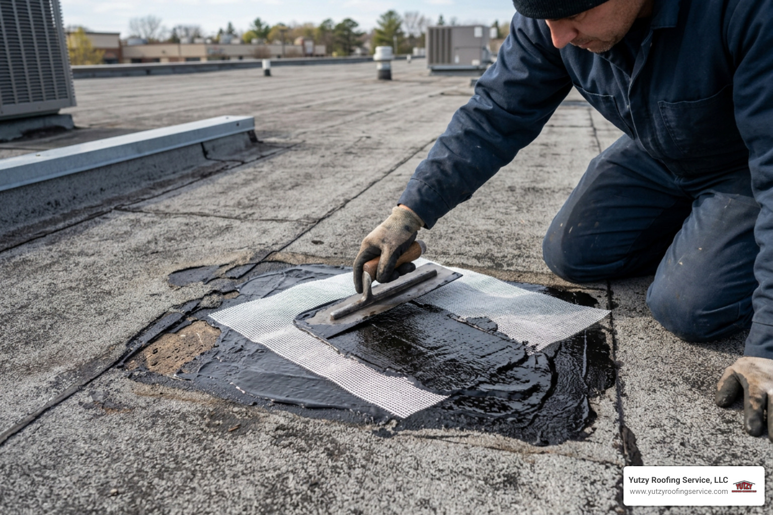 Applying a 3-course roof patch using trowel and reinforcement mesh Applying a 3-course roof patch using trowel and reinforcement mesh