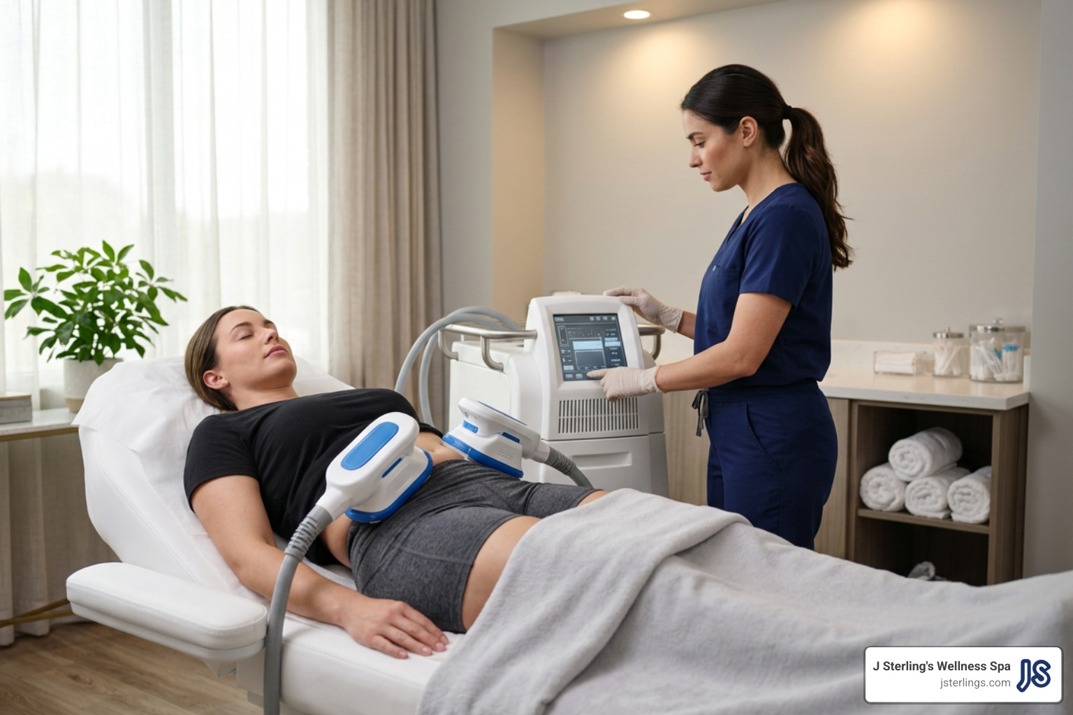 CoolSculpting applicators positioned on targeted body treatment area CoolSculpting applicators positioned on targeted body treatment area