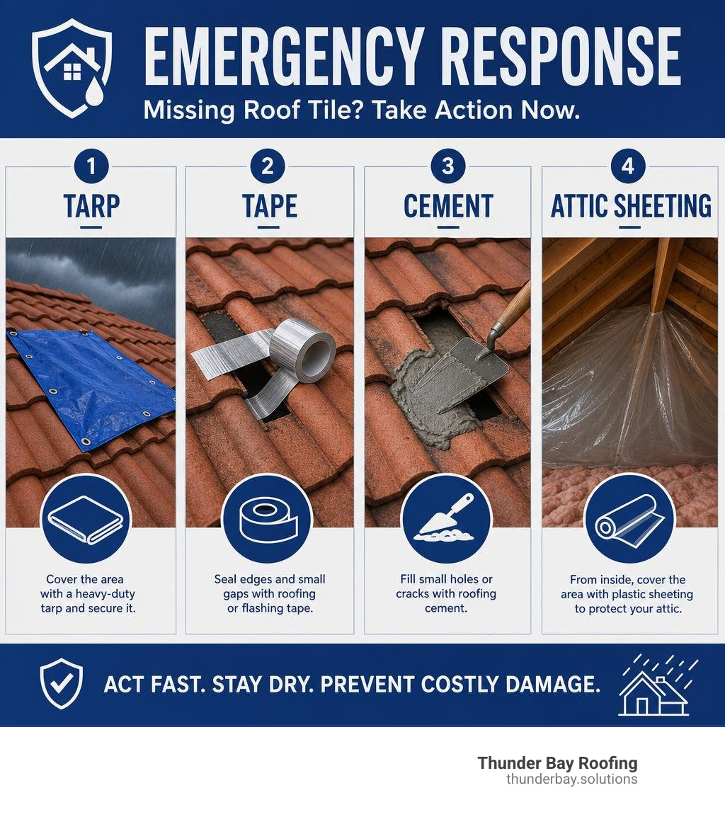 Emergency response steps infographic for missing roof tiles — tarp, tape, cement, attic sheeting infographic Emergency response steps infographic for missing roof tiles — tarp, tape, cement, attic sheeting infographic
