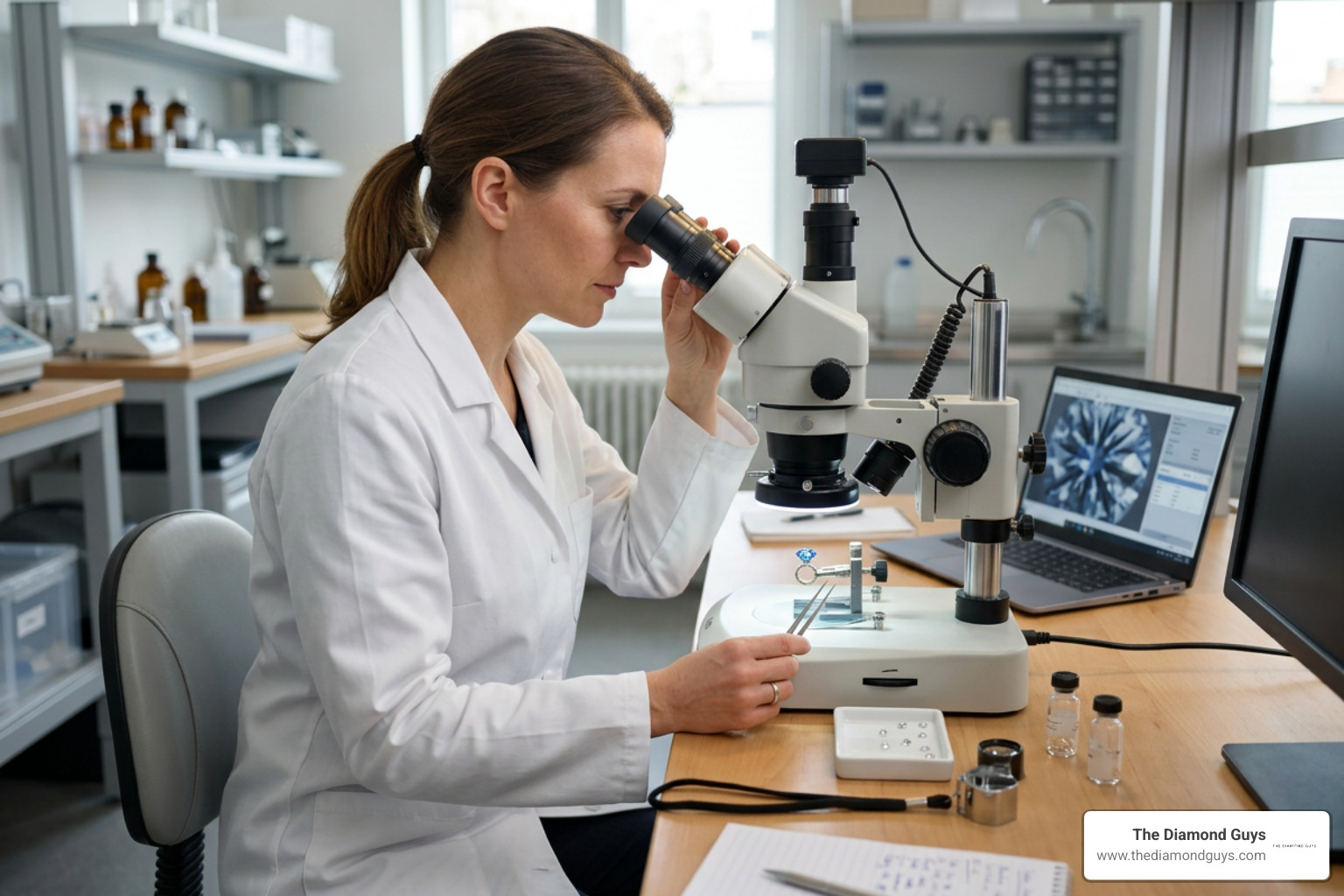 Gemologist examining a blue diamond stud under laboratory microscope Gemologist examining a blue diamond stud under laboratory microscope