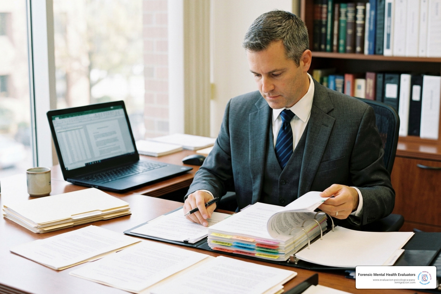 Attorney assembling organized immigration waiver submission package with indexed exhibit tabs