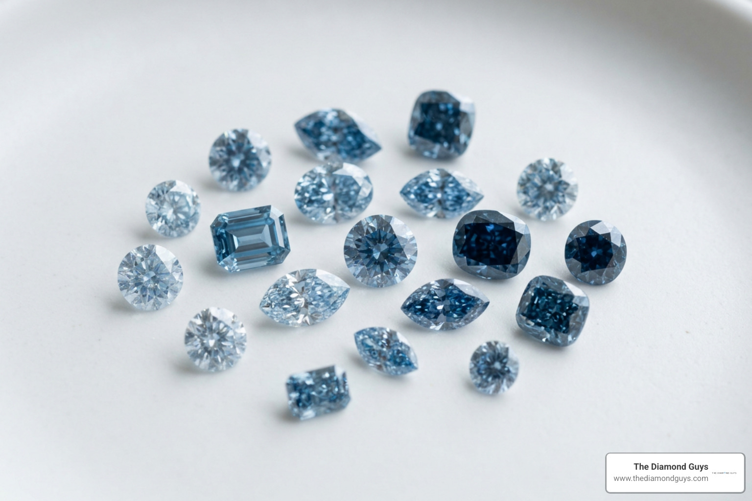 Loose blue diamonds displaying the color intensity spectrum Loose blue diamonds displaying the color intensity spectrum
