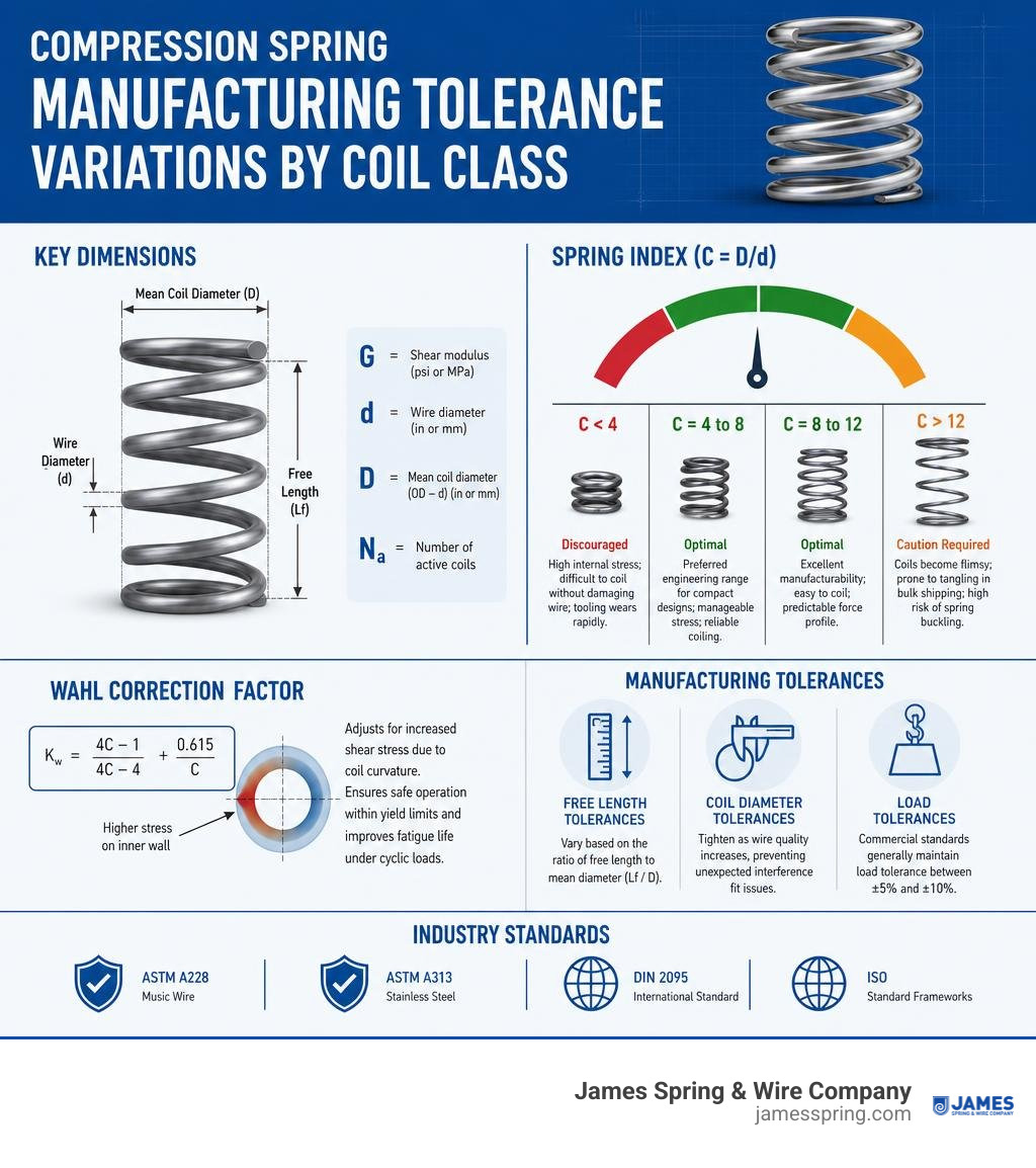 Compression spring manufacturing tolerance variations by coil class infographic Compression spring manufacturing tolerance variations by coil class infographic