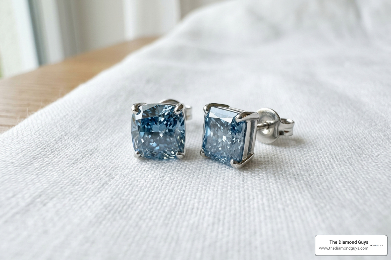 Cushion and radiant cut blue diamond stud earrings set in modern platinum mounts Cushion and radiant cut blue diamond stud earrings set in modern platinum mounts