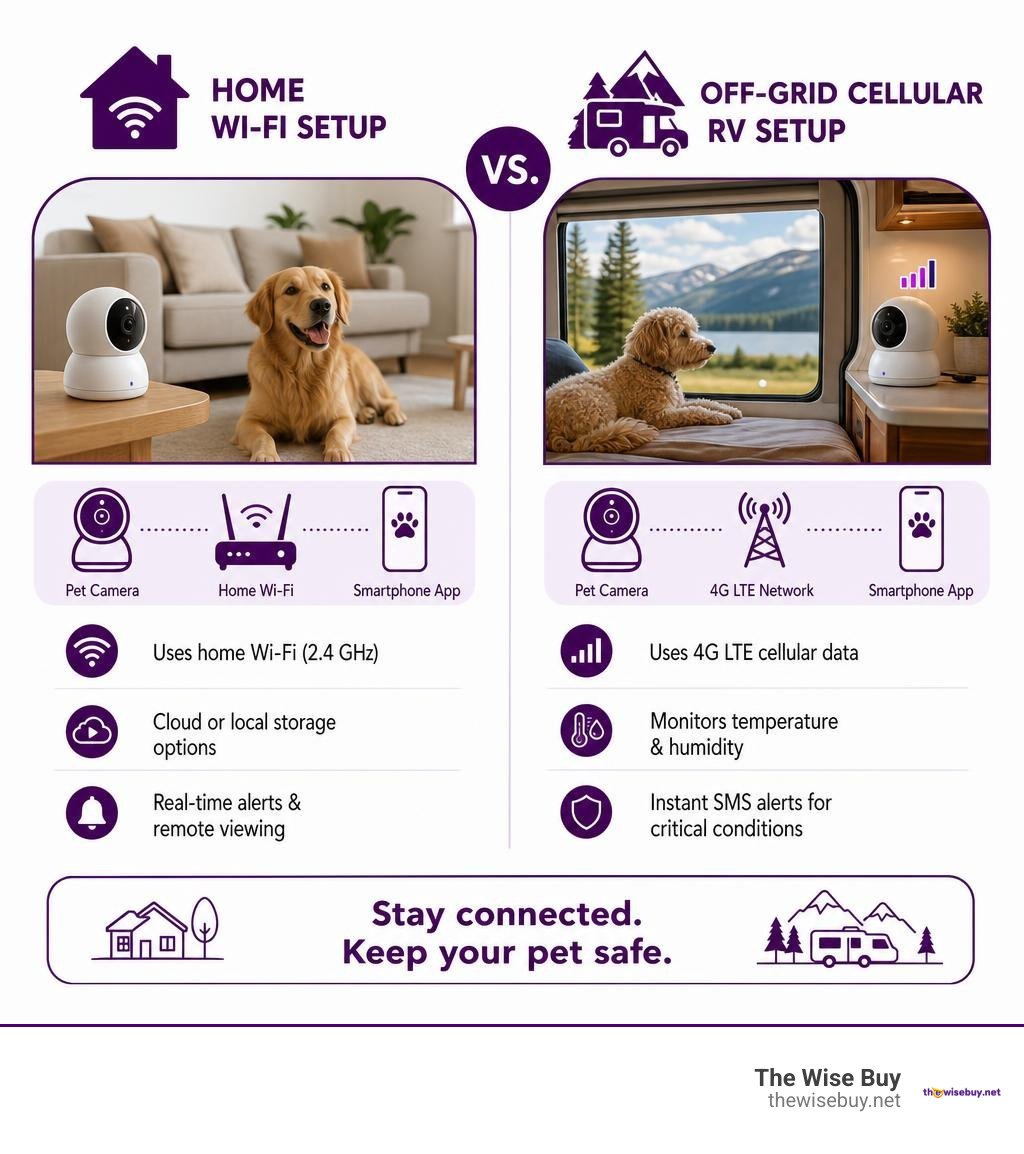 Comparison of home Wi-Fi setup vs off-grid cellular RV pet monitoring setup infographic