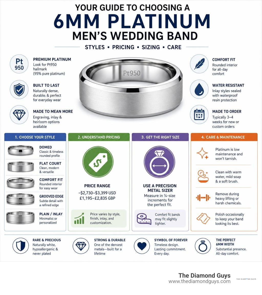 Infographic guide to selecting a 6mm platinum men's wedding band: styles, pricing, sizing, and care tips infographic Infographic guide to selecting a 6mm platinum men's wedding band: styles, pricing, sizing, and care tips infographic