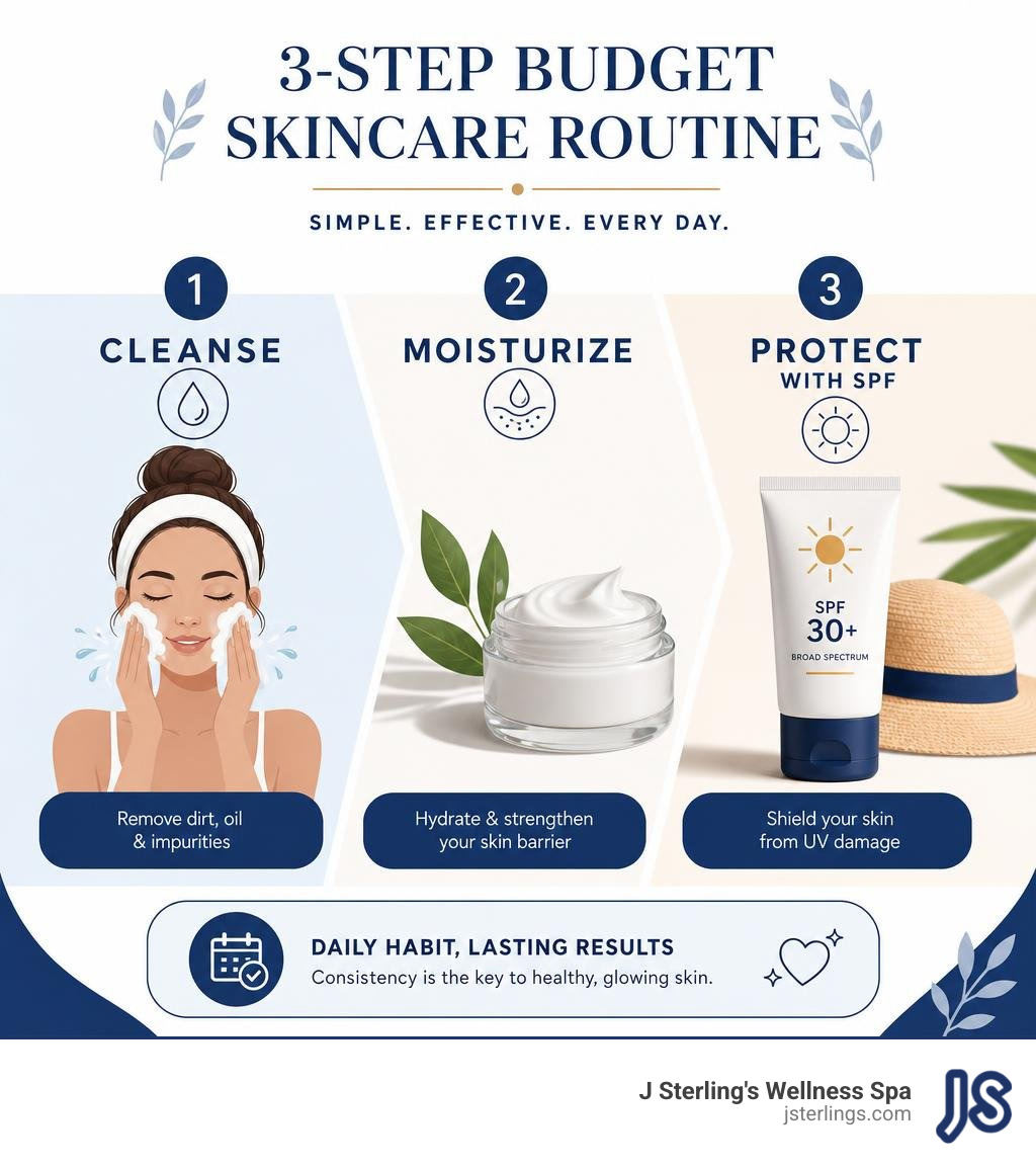 3-step budget skincare routine infographic: cleanse, moisturize, protect with SPF infographic 3-step budget skincare routine infographic: cleanse, moisturize, protect with SPF infographic