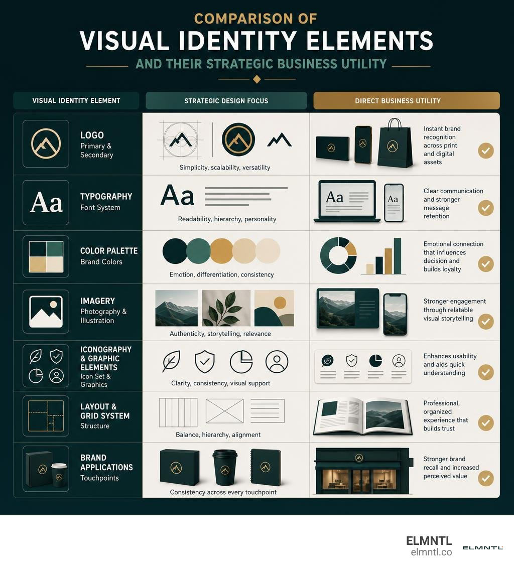 Comparison of visual identity elements and their strategic business utility infographic Comparison of visual identity elements and their strategic business utility infographic