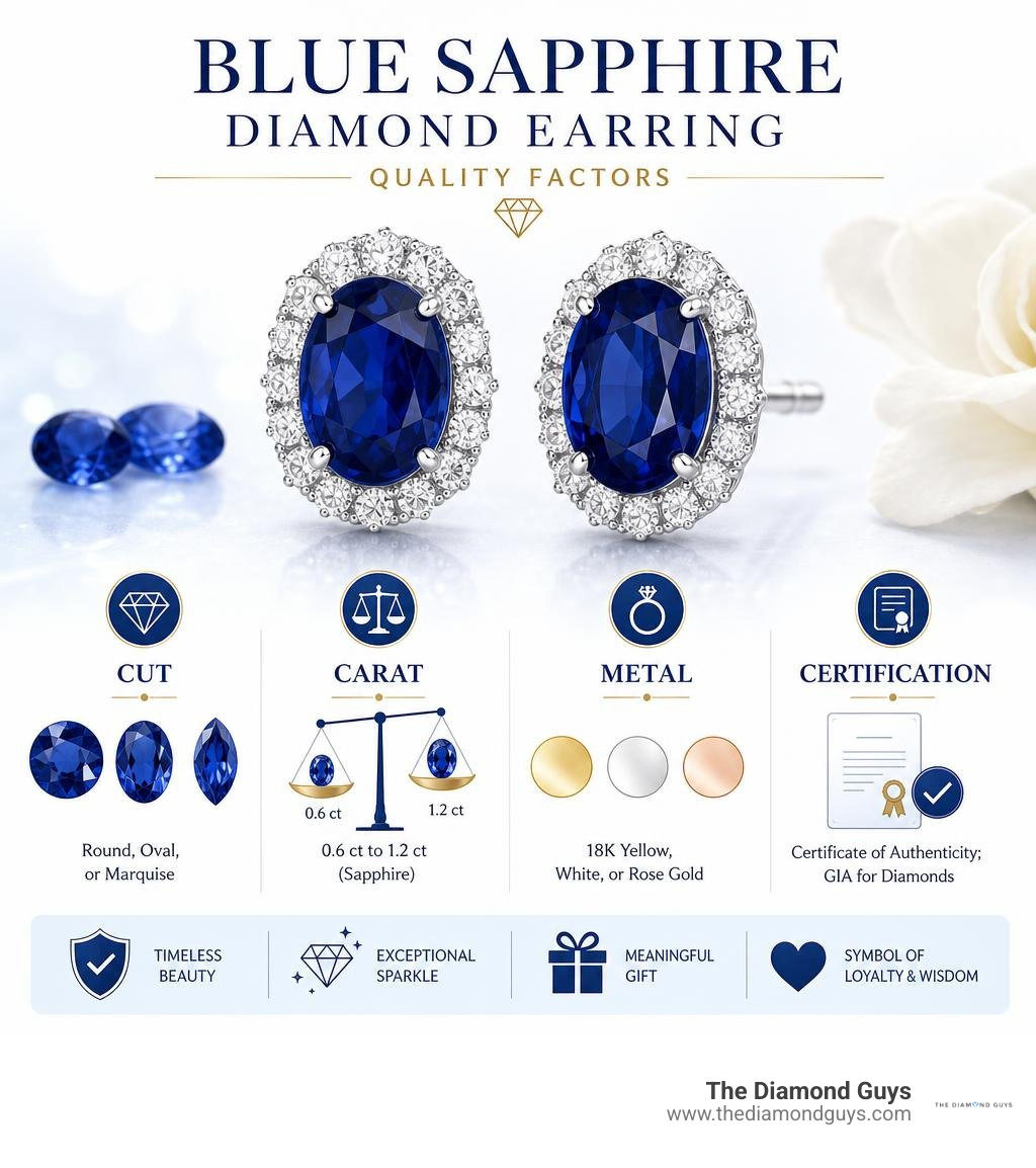 infographic showing blue sapphire diamond earring quality factors including cut, carat, metal, and certification infographic infographic showing blue sapphire diamond earring quality factors including cut, carat, metal, and certification infographic