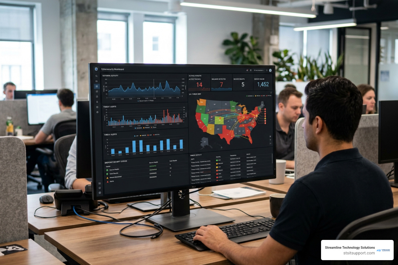 Cybersecurity monitoring dashboard tracking network security threats and real-time endpoint status