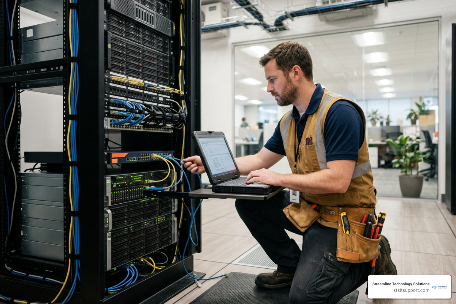 Field technician configuring a network server and firewall inside an office server rack