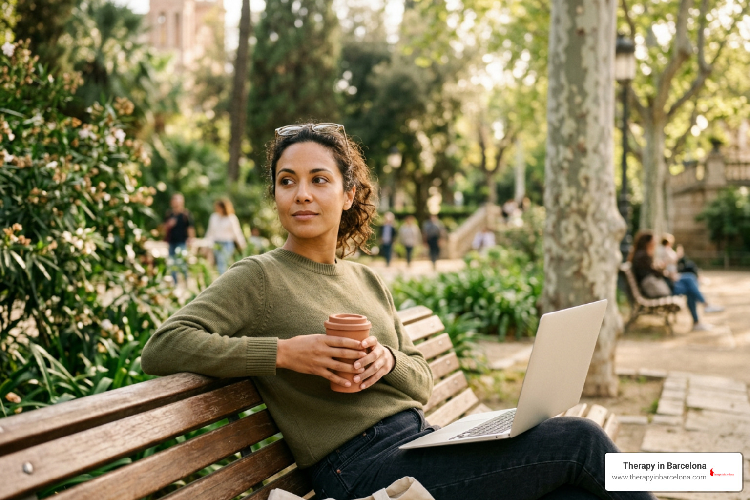 remote worker taking a mental health break in a Barcelona park remote worker taking a mental health break in a Barcelona park