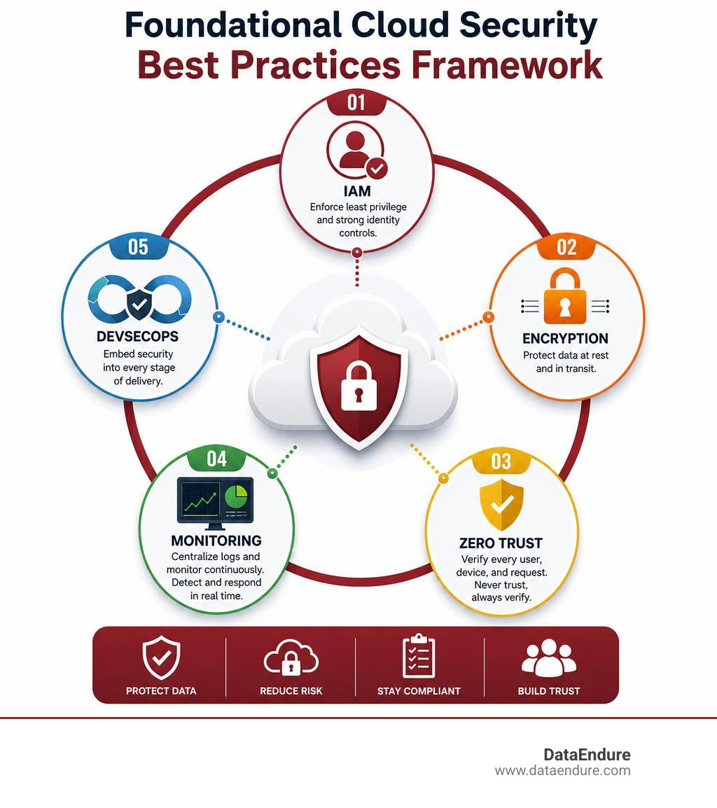 Foundational cloud security best practices framework covering IAM, encryption, zero trust, monitoring, and DevSecOps Foundational cloud security best practices framework covering IAM, encryption, zero trust, monitoring, and DevSecOps