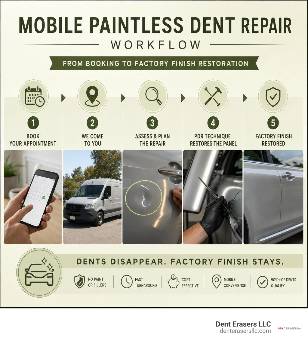 Mobile paintless dent repair workflow infographic showing steps from booking to factory finish restoration infographic Mobile Paintless Dent Repair Workflow Infographic Showing Steps From Booking To Factory Finish Restoration Infographic