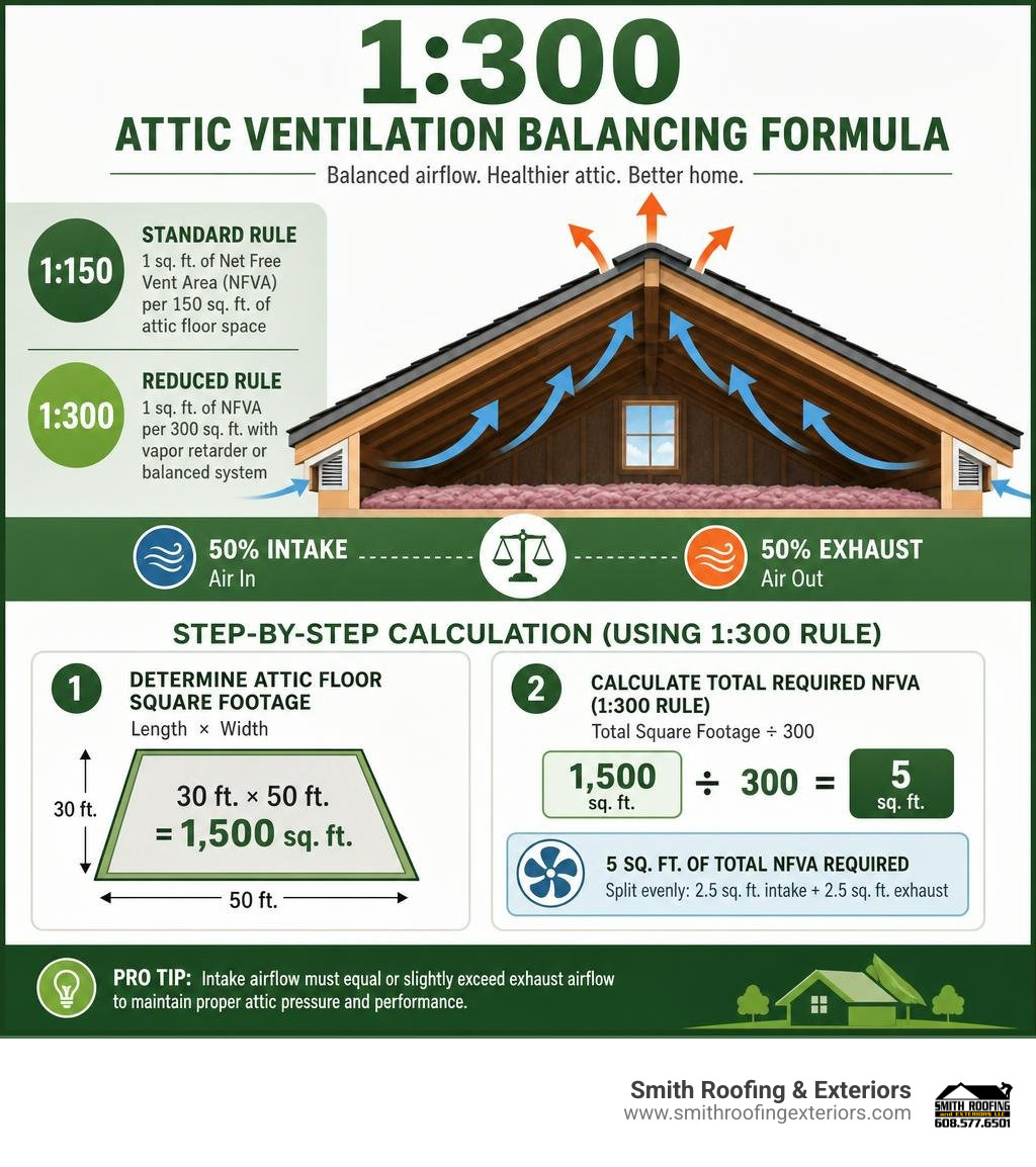 Infographic detailing the 1 to 300 attic ventilation balancing formula infographic Infographic detailing the 1 to 300 attic ventilation balancing formula infographic