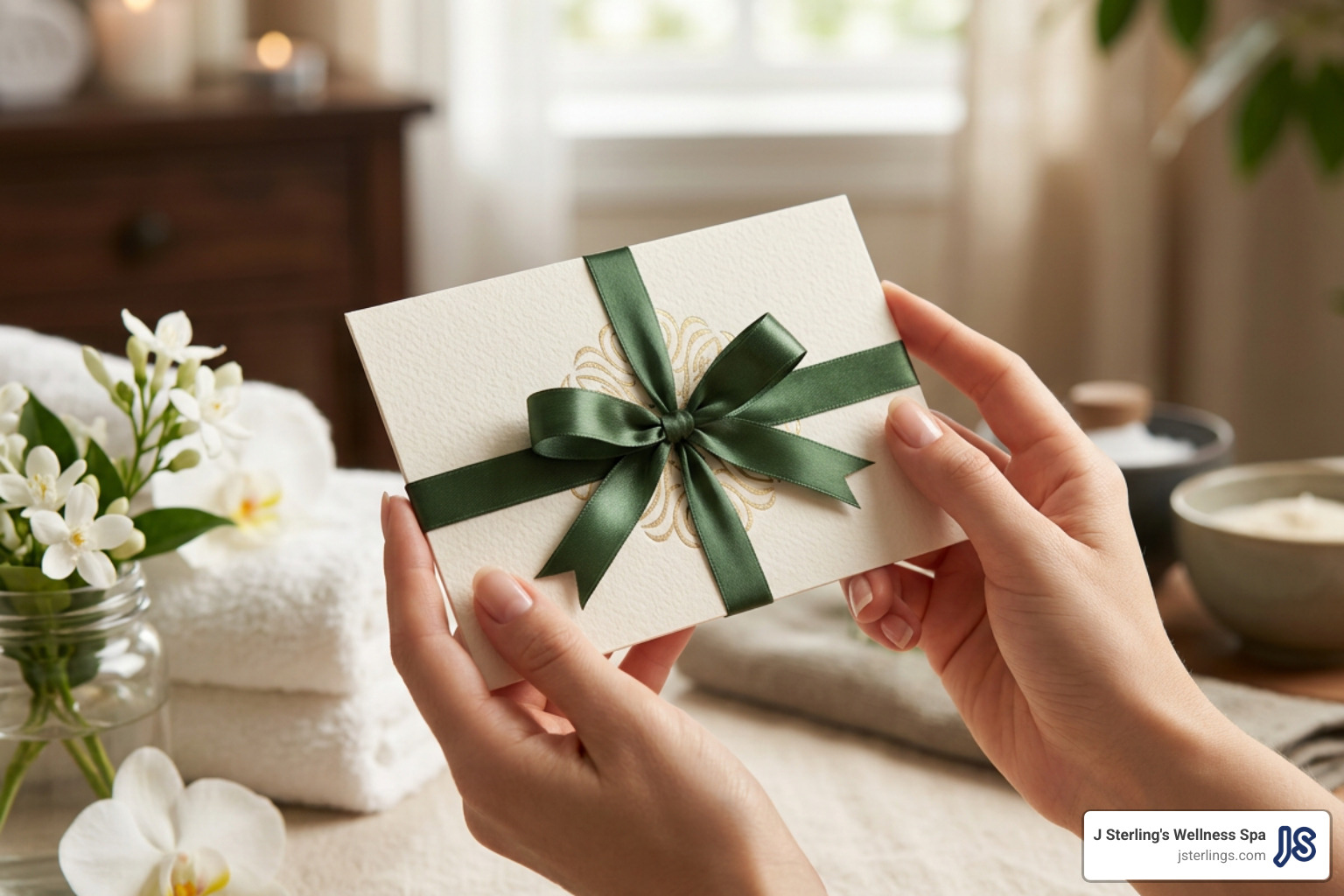 Hands holding an elegant spa gift voucher ready for pampering Hands holding an elegant spa gift voucher ready for pampering