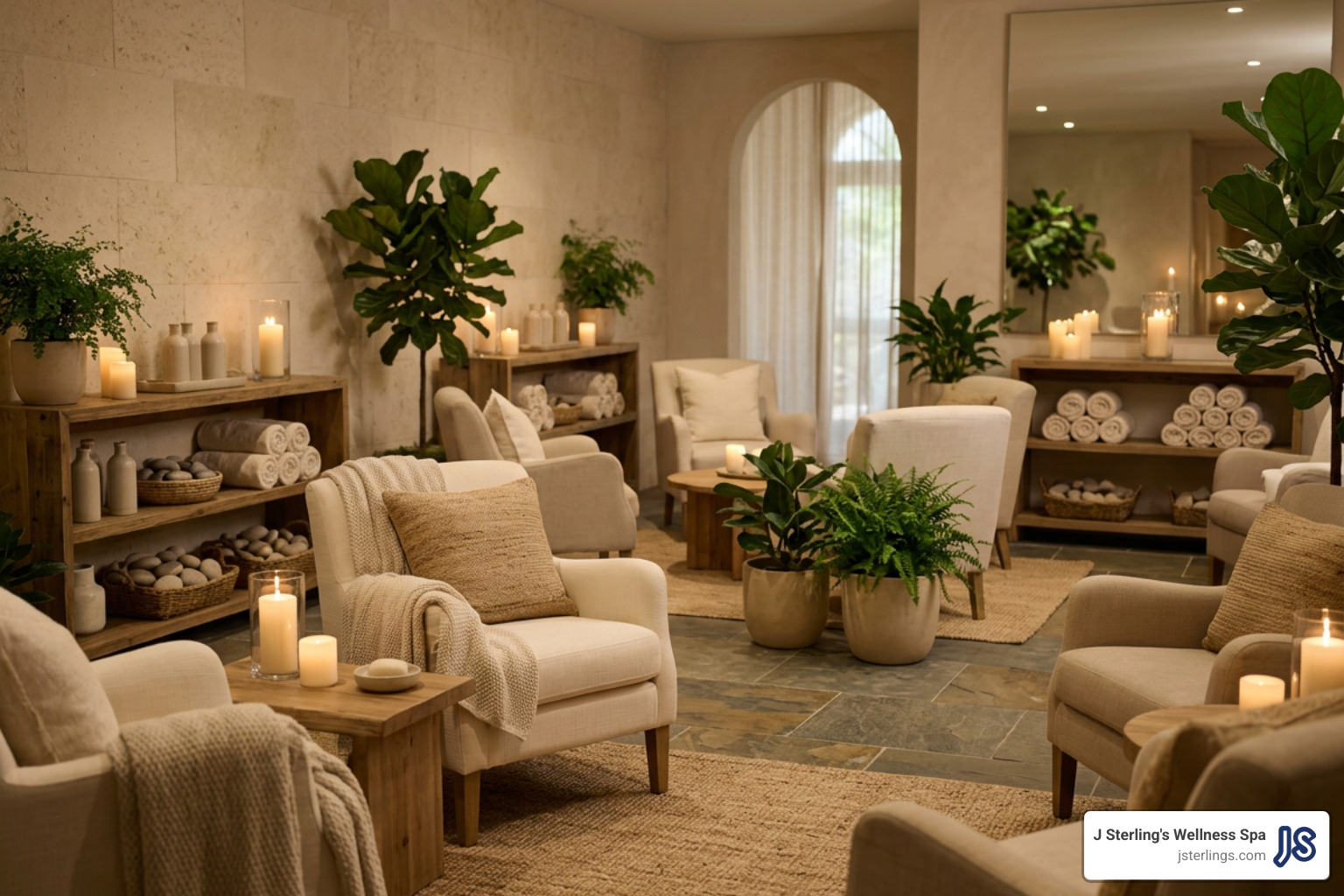 A calm and serene spa lounge with relaxing warm lighting and tranquil decor A calm and serene spa lounge with relaxing warm lighting and tranquil decor