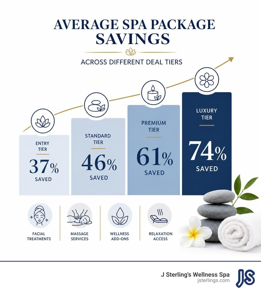 Infographic breaking down average spa package savings from 37 percent to 74 percent across different deal tiers infographic Infographic breaking down average spa package savings from 37 percent to 74 percent across different deal tiers infographic
