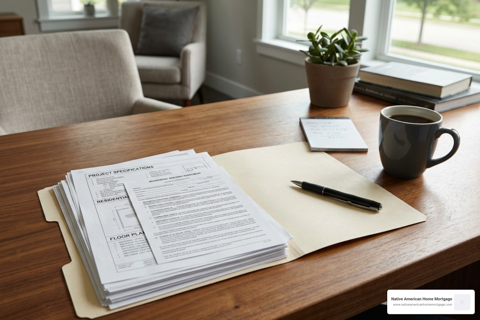 Folder containing financial paperwork, builder contracts, and detailed architectural spec sheets