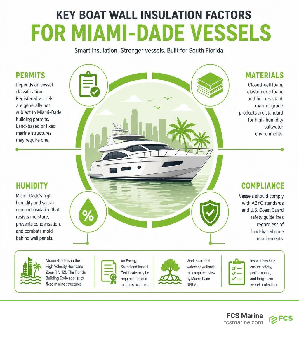 Key boat wall insulation factors for Miami-Dade vessels including permits, materials, humidity, and compliance standards