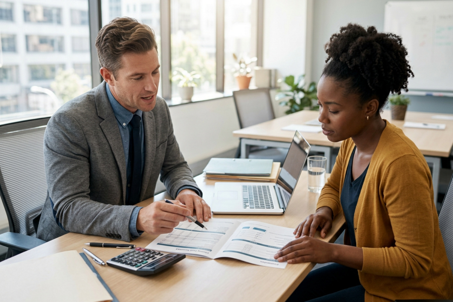 Lender and homebuyer reviewing closing cost documents and loan preapproval letters