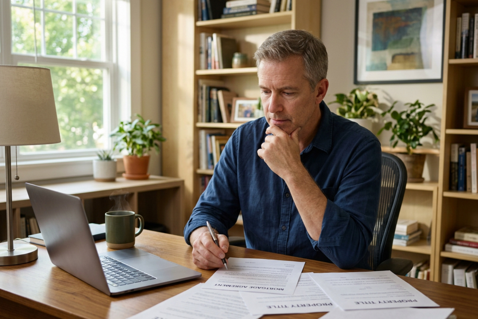 Homeowner reviewing mortgage papers and property title documents at desk