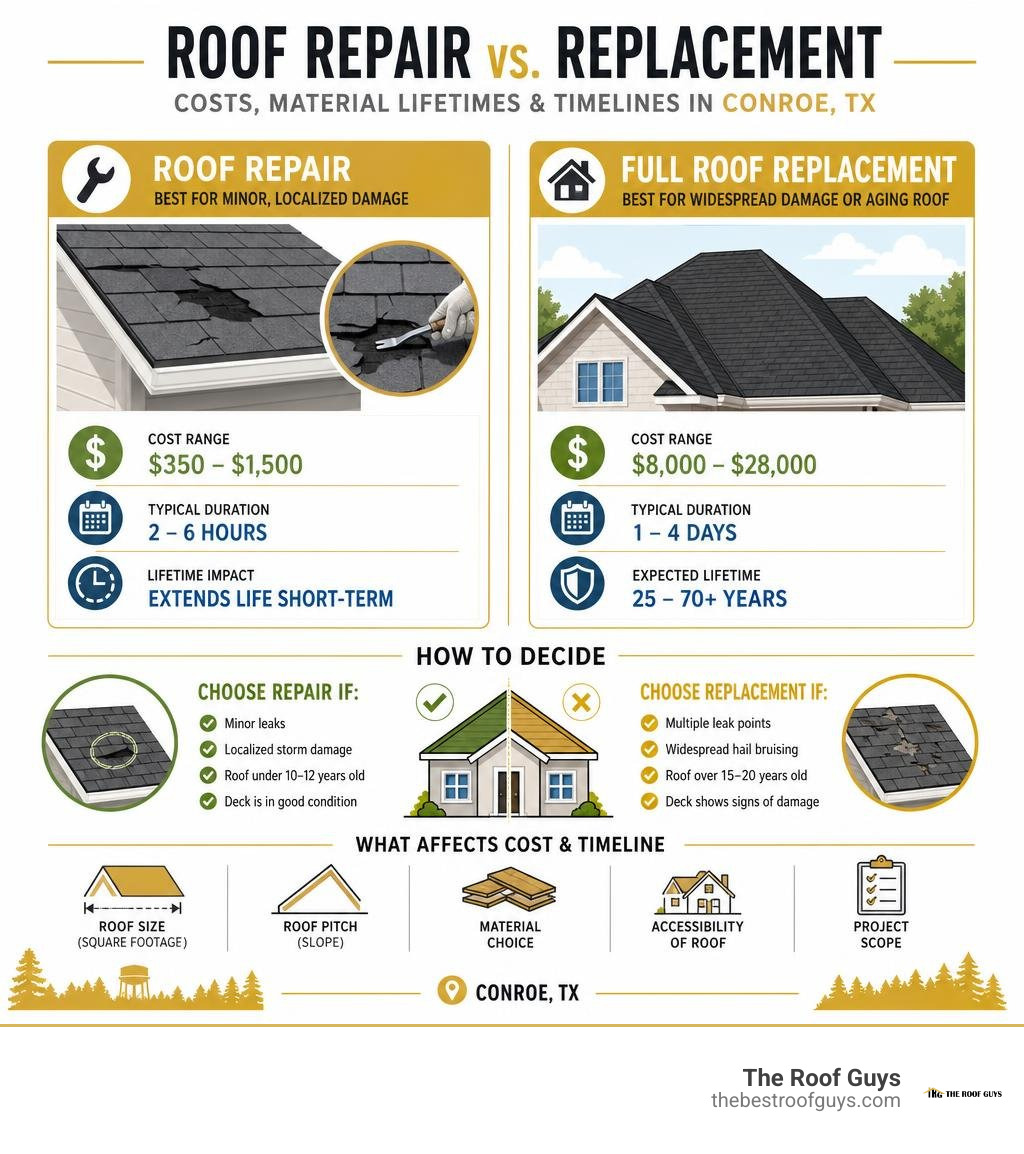 Comparison of roof repair vs replacement costs material lifetimes and timelines in Conroe TX infographic Comparison of roof repair vs replacement costs material lifetimes and timelines in Conroe TX infographic