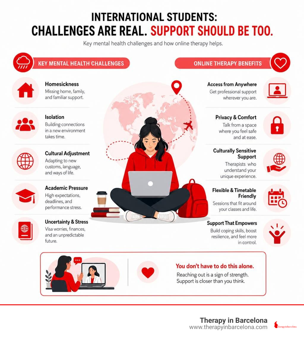 key mental health challenges and online therapy benefits for international students infographic key mental health challenges and online therapy benefits for international students infographic